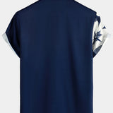 Aloha Vintage Korte Mouwen Shirt Marineblauw met Bloemen- en Verticale Strepenpatroon voor Mannen