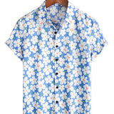 Zomerse Heren Katoenen Bloemenoverhemd, Casual, Slank, Korte Mouwen, Lichtblauwe Kleur