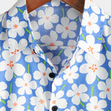 Zomerse Heren Katoenen Bloemenoverhemd, Casual, Slank, Korte Mouwen, Lichtblauwe Kleur