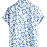Zomerse Heren Katoenen Bloemenoverhemd, Casual, Slank, Korte Mouwen, Lichtblauwe Kleur