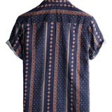 Korte Mouwen Katoenen Overhemd met Knopen voor Mannen, Retro uit de Jaren '70, Streep, Marineblauw, Vintage
