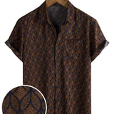 Korte Mouwen Katoenen Hem met Pocket in Retro Geometrisch Patroon in Bruine Kleur voor Mannen
