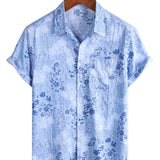 Retro Katoenen Overhemd met Korte Mouwen in Bloemen Blauw voor Mannen