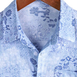 Retro Katoenen Overhemd met Korte Mouwen in Bloemen Blauw voor Mannen