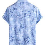 Retro Katoenen Overhemd met Korte Mouwen in Bloemen Blauw voor Mannen