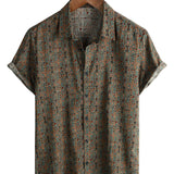 Heren Vintage Katoenen Overhemd met Paisley Patroon uit de Jaren '70 met Bruine Knopen in Boho Retro Tribal Stijl, Korte Mouwen
