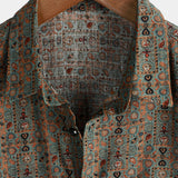 Heren Vintage Katoenen Overhemd met Paisley Patroon uit de Jaren '70 met Bruine Knopen in Boho Retro Tribal Stijl, Korte Mouwen