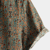 Heren Vintage Katoenen Overhemd met Paisley Patroon uit de Jaren '70 met Bruine Knopen in Boho Retro Tribal Stijl, Korte Mouwen