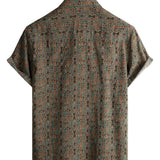 Heren Vintage Katoenen Overhemd met Paisley Patroon uit de Jaren '70 met Bruine Knopen in Boho Retro Tribal Stijl, Korte Mouwen