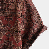 Heren Retro Katoenen Overhemd met Paisley Bloemenpatroon, Met Knopen, Vintage, Voor Vakanties, Westers, Bruin, Korte Mouwen