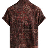Heren Retro Katoenen Overhemd met Paisley Bloemenpatroon, Met Knopen, Vintage, Voor Vakanties, Westers, Bruin, Korte Mouwen