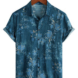 Casual Overhemd met Korte Mouwen van Katoen met Aquarel Bloemenpatroon in Blauwe Kleur voor Mannen