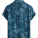 Casual Overhemd met Korte Mouwen van Katoen met Aquarel Bloemenpatroon in Blauwe Kleur voor Mannen
