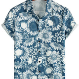 Hawaiiaanse overhemd van katoen met schedelvormige knopen voor mannen, korte mouwen, blauw, rock and roll