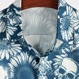 Hawaiiaanse overhemd van katoen met schedelvormige knopen voor mannen, korte mouwen, blauw, rock and roll