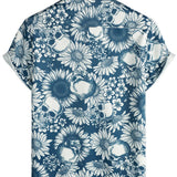 Hawaiiaanse overhemd van katoen met schedelvormige knopen voor mannen, korte mouwen, blauw, rock and roll