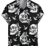 Zwarte Hawaii Shirt met Korte Mouwen voor Mannen met Skulls, Kolibrie en Punk Rock Stijl