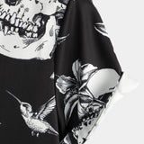 Zwarte Hawaii Shirt met Korte Mouwen voor Mannen met Skulls, Kolibrie en Punk Rock Stijl