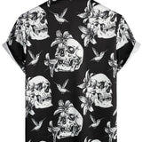 Zwarte Hawaii Shirt met Korte Mouwen voor Mannen met Skulls, Kolibrie en Punk Rock Stijl