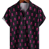 Lente Korte Mouwen Katoenen Shirt voor Mannen met Roze Skull Punk Rock en Vette Print