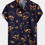 Aloha Overhemd van Katoen met Korte Mouwen met Knopen en Oranje Skullpatroon voor Mannen