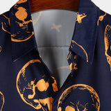 Aloha Overhemd van Katoen met Korte Mouwen met Knopen en Oranje Skullpatroon voor Mannen