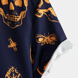 Aloha Overhemd van Katoen met Korte Mouwen met Knopen en Oranje Skullpatroon voor Mannen