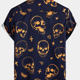 Aloha Overhemd van Katoen met Korte Mouwen met Knopen en Oranje Skullpatroon voor Mannen