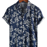 Heren Korte Mouwen Katoenen Overhemd met Vintage Bloemenpatroon in Marineblauw