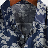 Heren Korte Mouwen Katoenen Overhemd met Vintage Bloemenpatroon in Marineblauw
