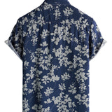 Heren Korte Mouwen Katoenen Overhemd met Vintage Bloemenpatroon in Marineblauw