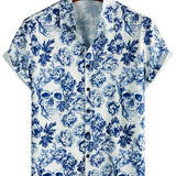 Korte Mouwen Katoenen Shirt met Skull en Bloemen Punk Rock voor Mannen