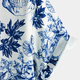 Korte Mouwen Katoenen Shirt met Skull en Bloemen Punk Rock voor Mannen