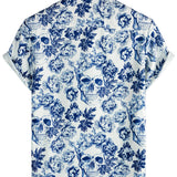 Korte Mouwen Katoenen Shirt met Skull en Bloemen Punk Rock voor Mannen