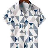 Heren Katoenen Casual Shirt met Geometrische Print in Blauw en Wit Driehoek, Korte Mouwen voor de Zomer