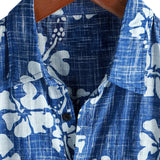 Hawaiiaanse Katoenen Overhemd voor Mannen met Korte Mouwen en Knopen in Blauw Bloemenpatroon