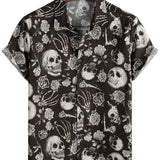 Katoenen Overhemd met Knopen Cool met Roze Skul in Bloemen voor Mannen, Punk Rock and Roll