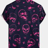 Heren Aloha shirt van katoen met roze doodskopprint en korte mouwen