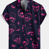 Heren Aloha shirt van katoen met roze doodskopprint en korte mouwen