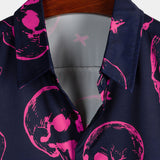 Heren Aloha shirt van katoen met roze doodskopprint en korte mouwen
