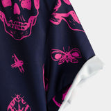 Heren Aloha shirt van katoen met roze doodskopprint en korte mouwen