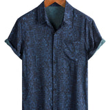 Heren Korte Mouwen Katoenen Boho Overhemd in Marineblauw met Geometrisch Tribalpatroon