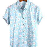 Korte Mouwen Katoenen Hawaii Shirt voor Mannen in Marineblauwe Kleur met Margrieten