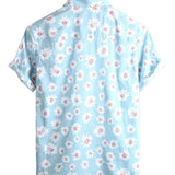 Heren Zomer Overhemd met Korte Mouwen in Hawaiiaanse Stijl in Blauwe Kleur met Margriet Bloemen