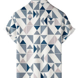 Heren Katoenen Casual Shirt met Geometrische Print in Blauw en Wit Driehoek, Korte Mouwen voor de Zomer