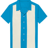 Retro Korte Mouwen Overhemd uit de Jaren '50 met Cubaanse Kraag voor Mannen in de Kleur Blauw