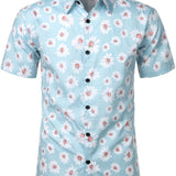 Heren Zomer Overhemd met Korte Mouwen in Hawaiiaanse Stijl in Blauwe Kleur met Margriet Bloemen