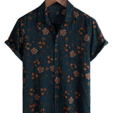 Korte Mouwen Katoenen Overhemd met Knopen voor Mannen, Bloemenprint, Marineblauw voor de Zomer