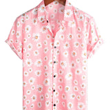 Korte Mouwen Katoenen Hawaii Shirt voor Mannen in Roze met Margrieten