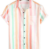 Heren Zomer Katoenen Shirt met Roze-Witte Verticale Strepen, Met Knopen en Pocket, Korte Mouwen